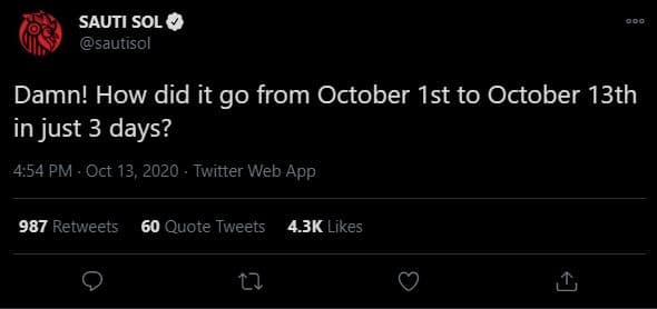 Sauti sol y sautisol damn! how did it go from october ist to october 13th in jus