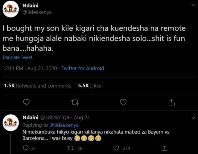 Ndaini 3deekenya bought my son kile kigari cha kuendesha na remote me hungoja al