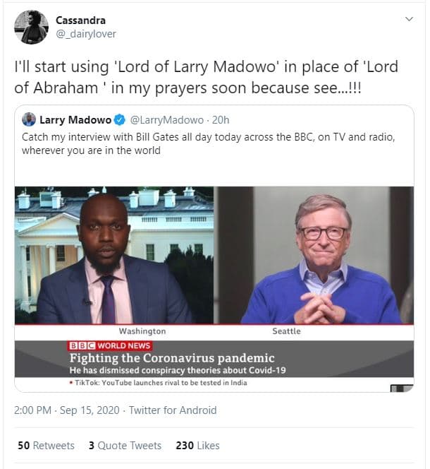 Cassandra dairylover fil start using 'lord of larry madowo' in place of 'lord of