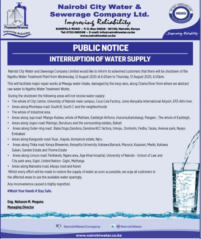 Nairobi city water sewerage company ltd. imtovins relialiei kampala road pqbor j