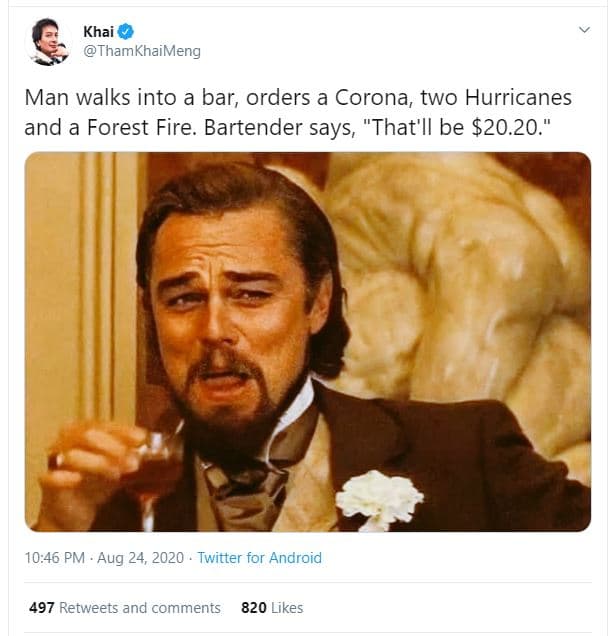 Khai thamkhaimeng man walks into a bar, orders a corona two hurricanes and a for