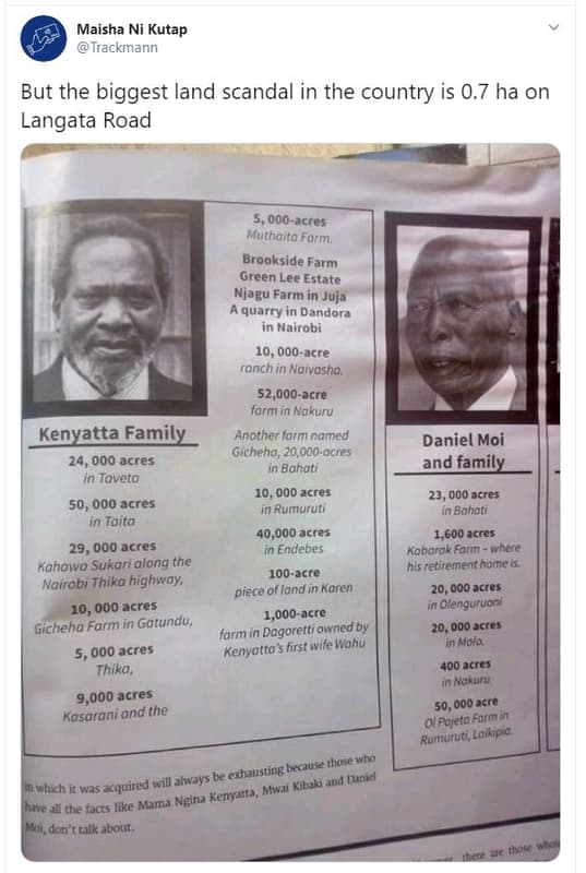 Maisha ni kutap trackmann but the biggest land scandal in the country is 0.7 ha