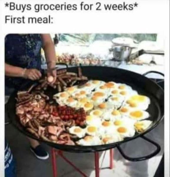 Buys groceries for 2 weeks first meal