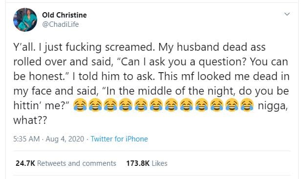 Old christine chadilife y'all. just fucking screamed. my husband dead ass rolled