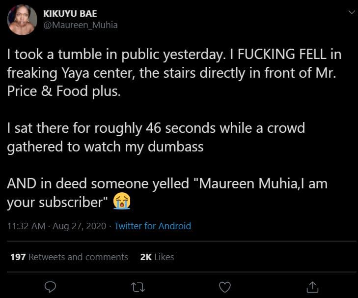 Kikuyu bae maureen_muhia took a tumble in public yesterday. fucking fell in frea