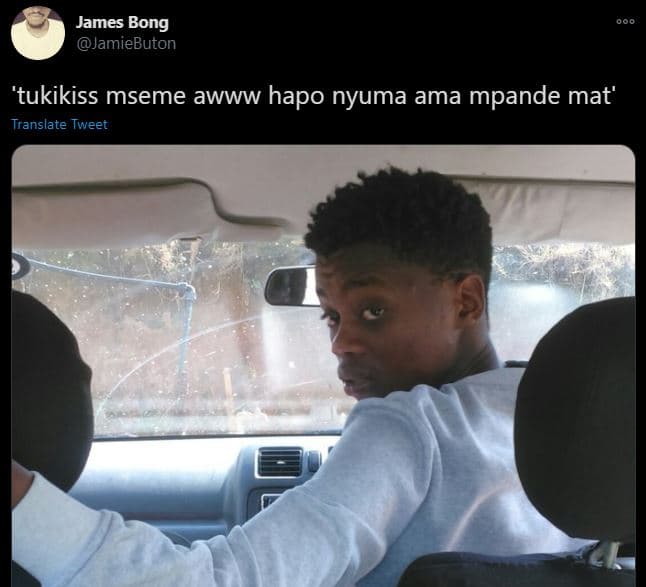 James bong jamiebuton 'tukikiss mseme awww hapo nyuma ama mpande mat' translate