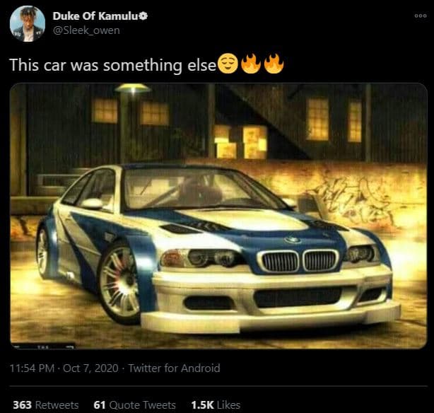 Duke of kamulu sleek_owen this car was something else 11.54 pm oct 7, twitter fo