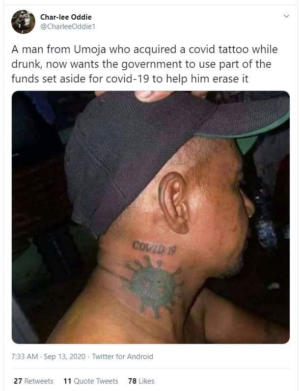 Charlee oddie charleeoddie1 man from umoja who acquired a covid tattoo while dru