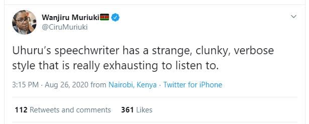 Wanjiru muriuki cirumuriuki uhuru's speechwriter has a strange clunky, verbose s