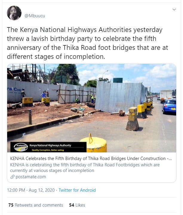 Mbuucu the kenya national highways authorities yesterday threw a lavish birthday