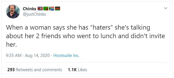 Chinks justchinks when a woman says she has 'haters she's talking about her 2 fr