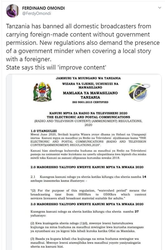 Ferdinand omondi ferdyomondi tanzania has banned all domestic broadcasters from