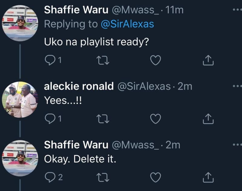 Shaffie waru mwass m1m replying to siralexas uko na playlist ready? q1 aleckie r