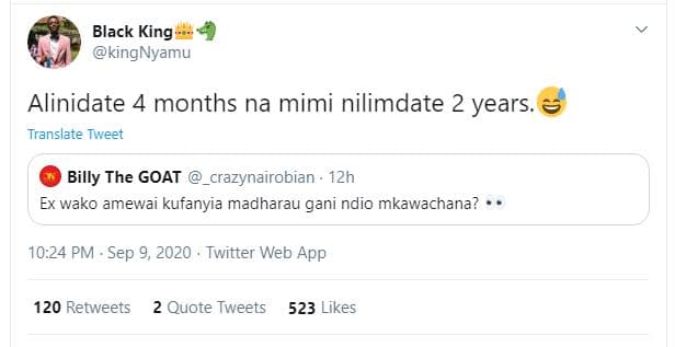 Black king kingnyamu alinidate 4 months na mimi nilimdate 2 years. translate twe