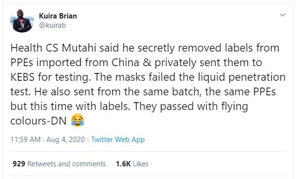 Kuira brian kuirab health cs mutahi said he secretly removed labels from ppes im