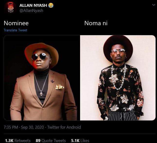 Allan nyash allannyash nominee translate tweet noma ni 7.35 pm sep 30, twitter f