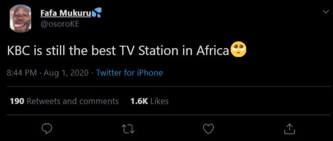 Fafa mukuru osoroke kbc is still the best tv station in africa 8,44 pm aug 1, tw