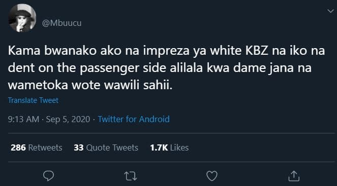 Mbuucu kama bwanako ako na impreza ya white kbz na iko na dent on the passenger