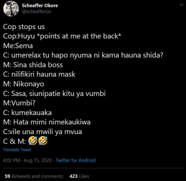 Scheaffer okore scheafferoo cop stops us cophuyu points at me at the back mesema