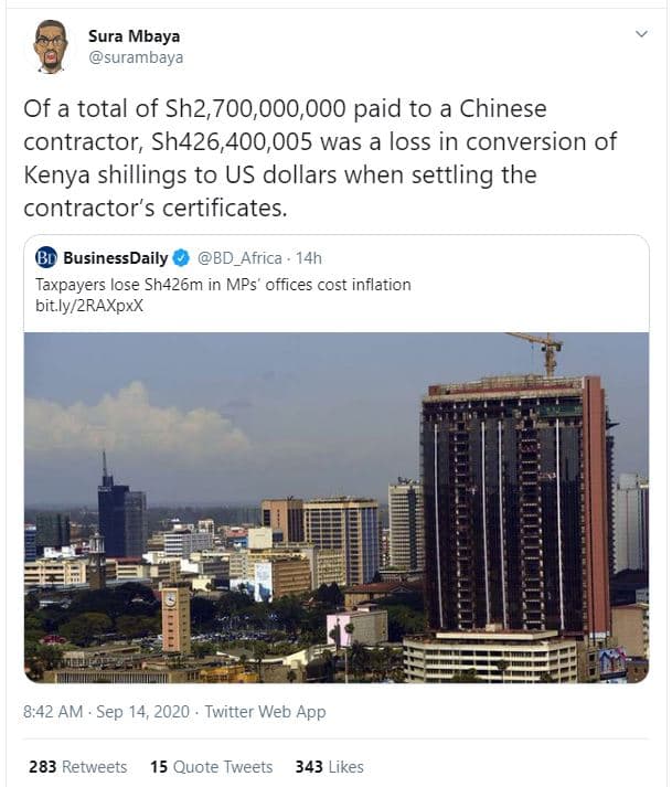 Sura mbaya surambava of a total of sh2,700,000,000 paid to a chinese contractor,