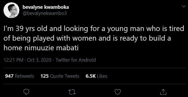 Bevalyne kwamboka bevalynekwambo3 i'm 39 yrs old and looking for a young man who