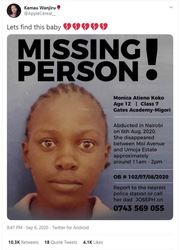 Kamau wanjiru applecerea lets find this baby 6 missing person monica atieno koko