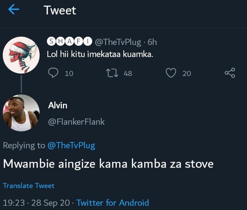 Tweet g00o thetvplug 6h lol hii kitu imekataa kuamka. 10 9 48 20 alvin flankerfl