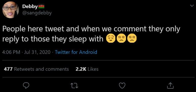 Debby sangdebby people here tweet and when we comment they only reply to those t