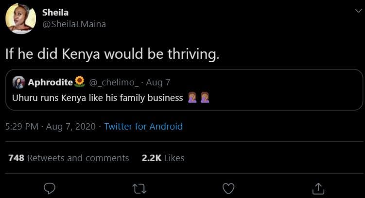 Sheila sheilalmaina if he did kenya would be thriving aphrodite chelimo_. aug 7