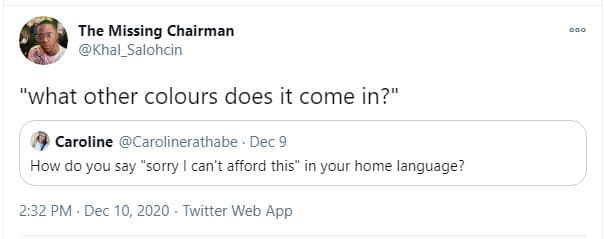 The missing chairman khal salohcin 'what other colours does it come in? caroline