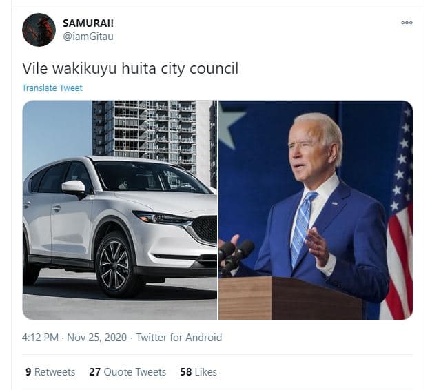 Samurai! iamgitau vile wakikuyu huita city council translate tweet 4,12 pm nov 2