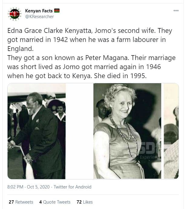 Kenyan facts kresearcher edna grace clarke kenyatta jomo's second wife. they got