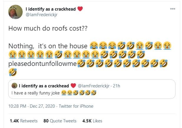 1identify as crackhead lamfrederickjr how much do roofs cost?? noting sonmehoue