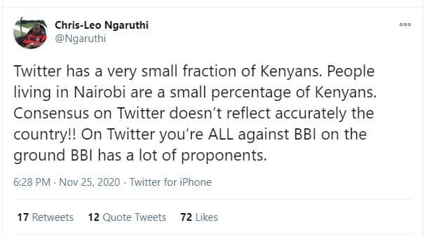 Chrisleo ngaruthi ngaruthi twitter has a very small fraction of kenyans. people