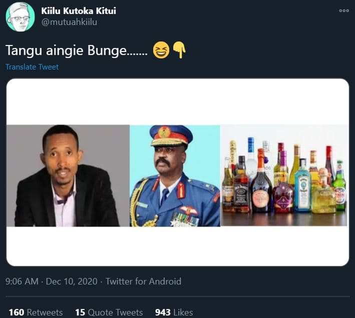 Kiilu kutoka kitui mutuahkiilu tangu aingie bunge._ translate tweet 9.06 am dec