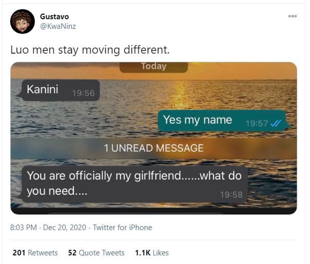 Gustavo kwaninz luo men stay moving different. today kanini 1956 yes my name 19.