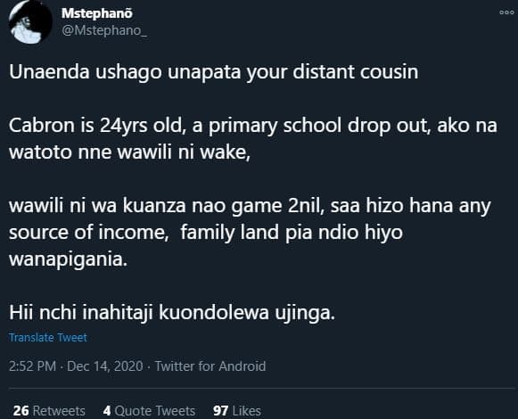 Mstephanã mstephano unaenda ushago unapata your distant cousin cabron is 24yrs o
