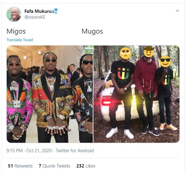 Fafa mukuru osoroke mugos migos translate tweet huhouo 9,15 pm . oct 21, twitter