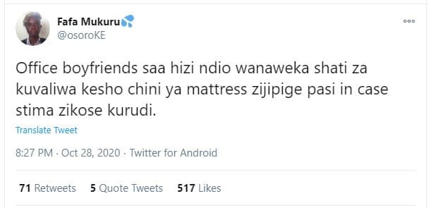 Fafa mukuru osoroke office boyfriends saa hizi ndio wanaweka shati za kuvaliwa k
