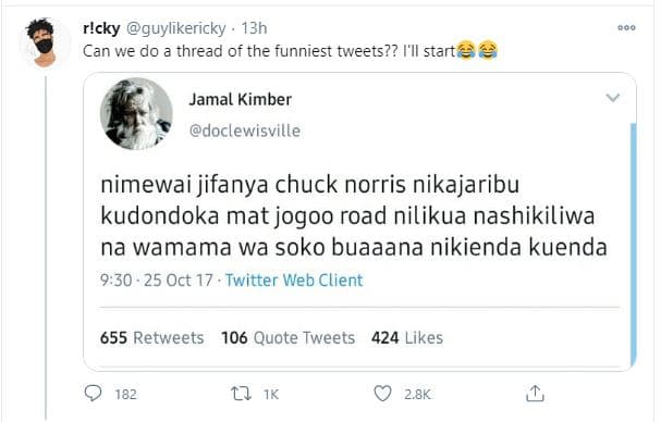 R!cky guylikericky 13h can we do thread of the funniest tweets?? il start a jama