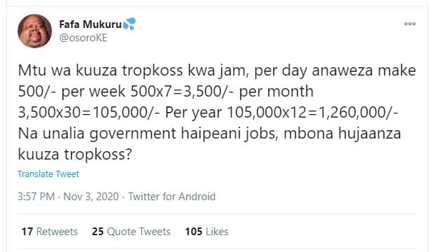 Fafa mukuru osoroke mtu wa kuuza tropkoss kwa jam per day anaweza make 500 per w