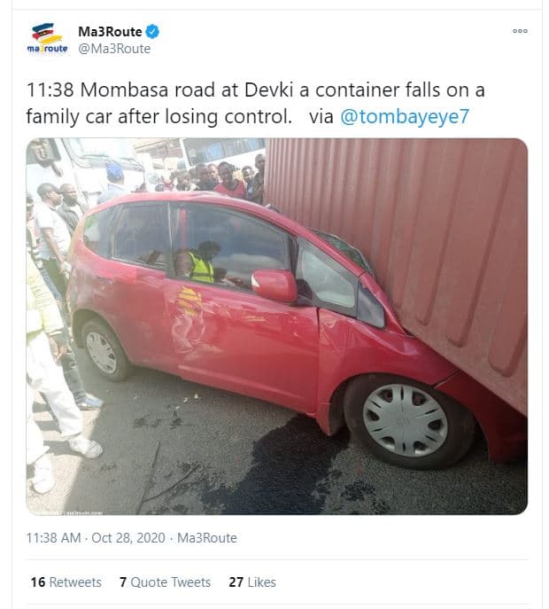 Ma3route route ma3route 11.38 mombasa road at devki a container falls on a famil