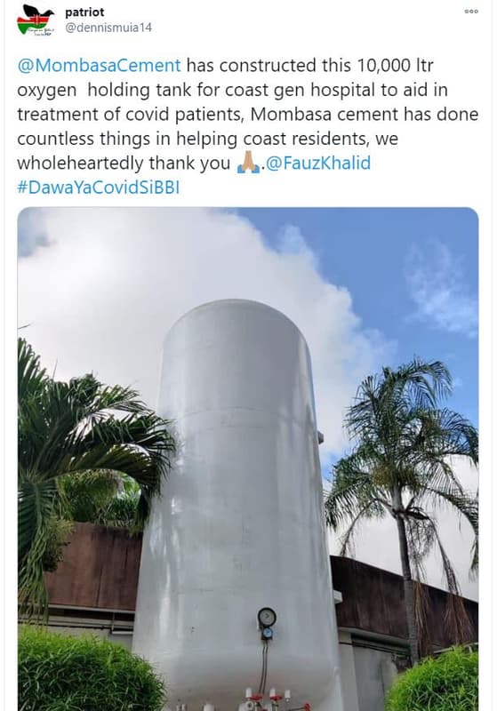 Patriot dennismuia 14 mombasacement has constructed this 10,000 itr oxygen holdi