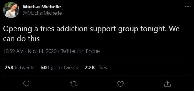Muchai michelle muchaimichelle opening a fries addiction support group tonight.