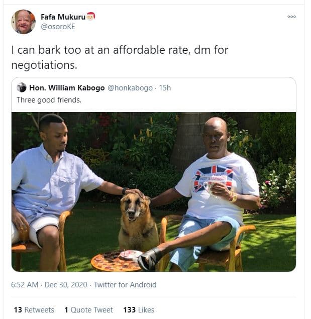 Fafa mukuru osoroke can bark too at an affordable rate dm for negotiations. hon.