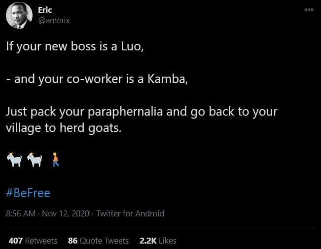 Eric amerıx if your new boss is a luo, and your coworker is a kamba, just pack y