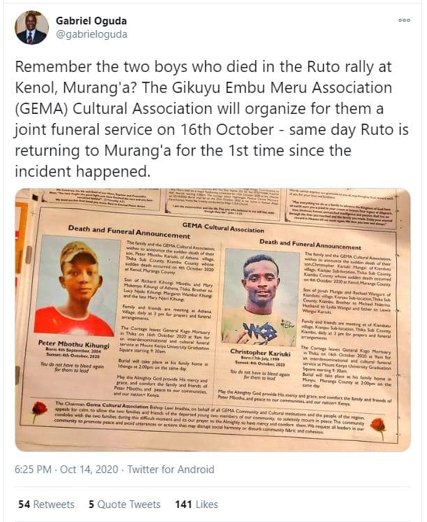 Gabriel oguda gabrieloguda remember the two boys who died in the ruto rally at k