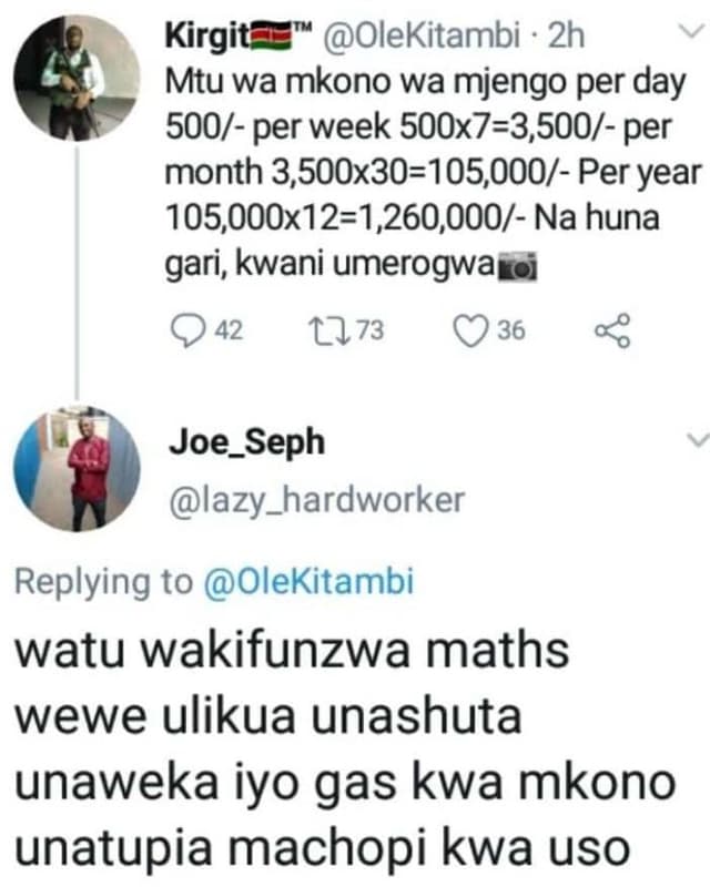 Im kirgit olekitambi 2h mtu wa mkono wa mjengo per day 500 per week 50ox73,500 p