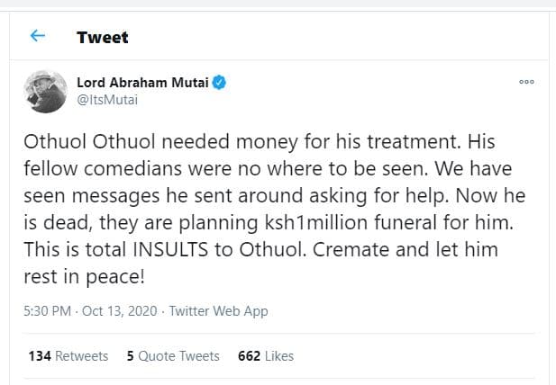 Tweet lord abraham mutai itsmutai othuol othuol needed money for his treatment.