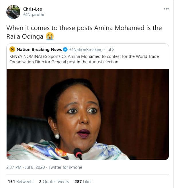 Chrisleo ngaruthi when it comes to these posts amina mohamed is the raila odinga